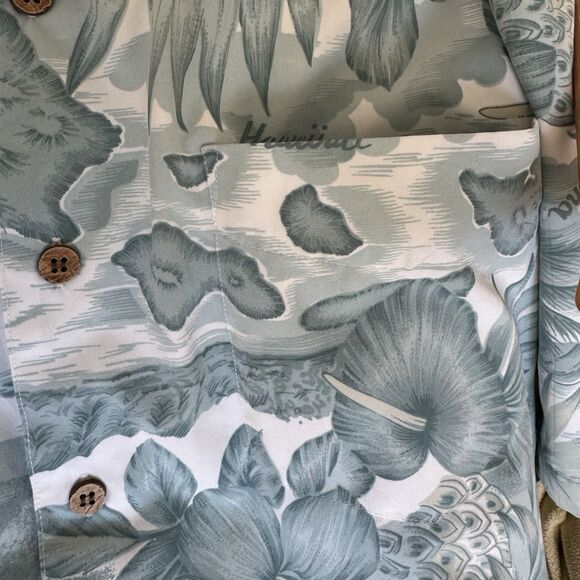 Vintage Trader Bay Hawaiian Shirt Blue & White Aloha Shirt Adult Mens L Soft 90s - Picture 9 of 16